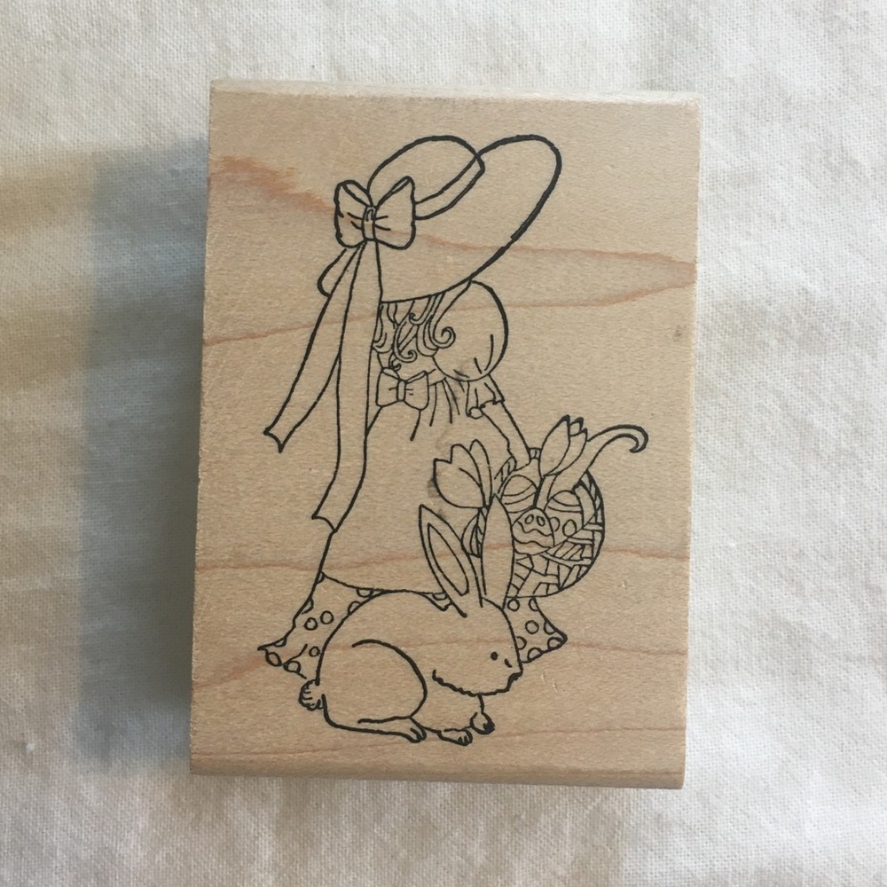 Wood Mounted Girl with Easter Basket Rubber Stamp
